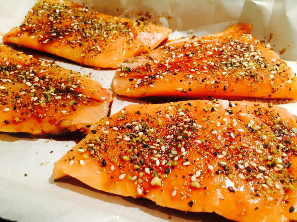 Salmon drizzled with Honey Garlic Caramelised & sprinkled with Queen of The Nile Dukkah